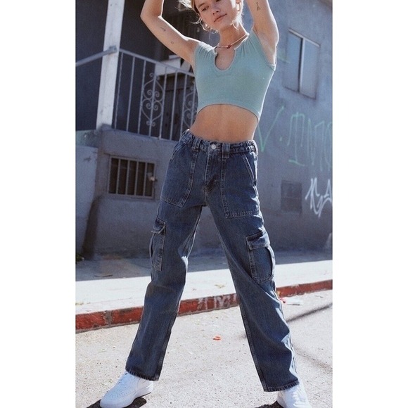 BDG Urban Outfitters Cargo Skate Jeans Women Sz 27 Blue Elastic Waist Wide Leg - Picture 1 of 16